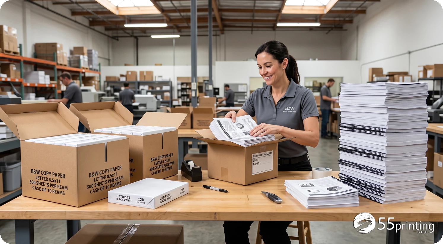 Open boxes of paper reams and a tall finished stack of black and white copies on a packing table