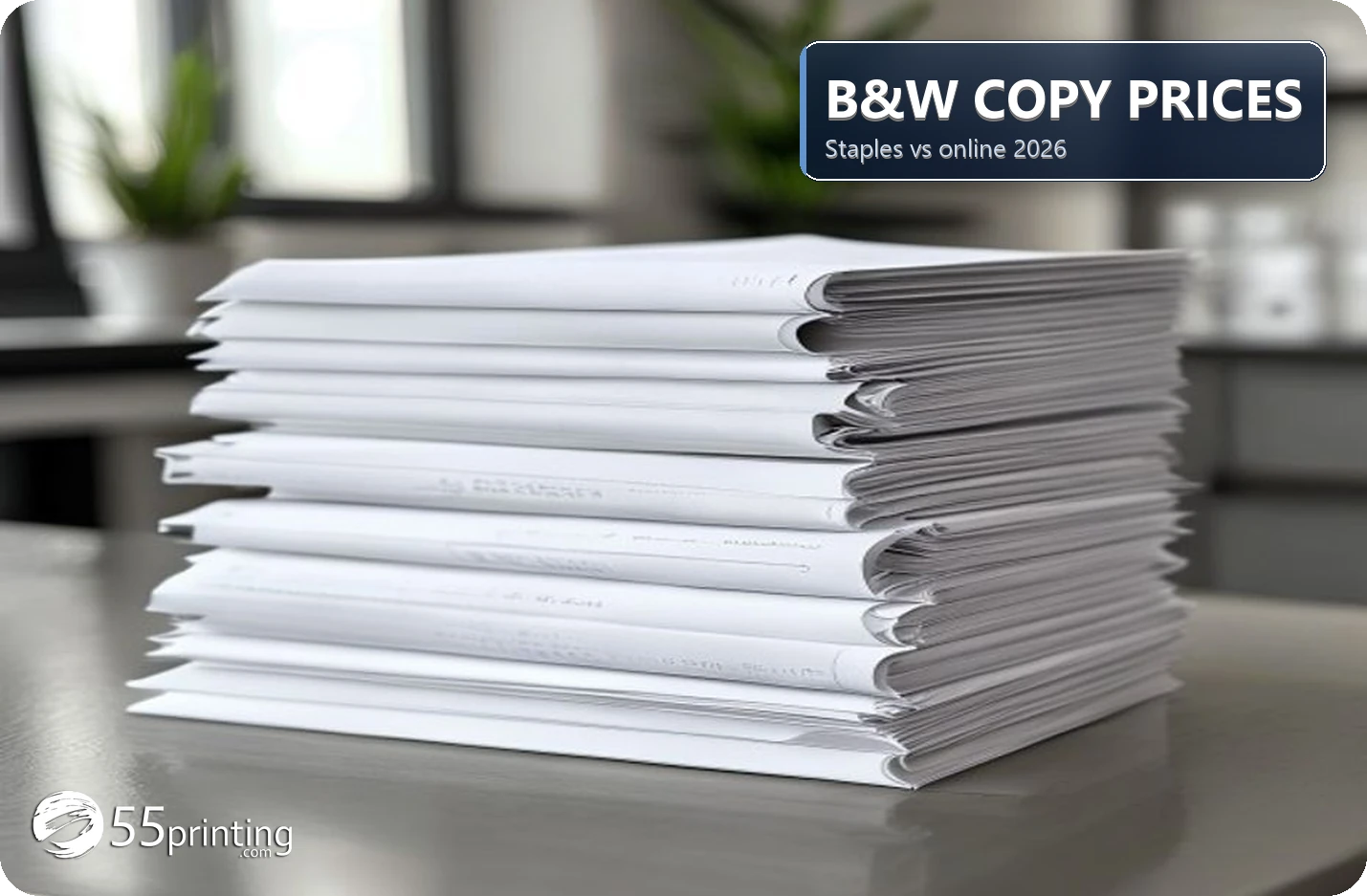 Stack of black and white printed copies next to a retail copy counter