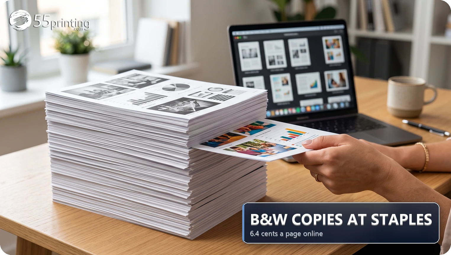 Tall stack of black and white pages with one color page being pulled out by a hand beside a laptop showing a PDF