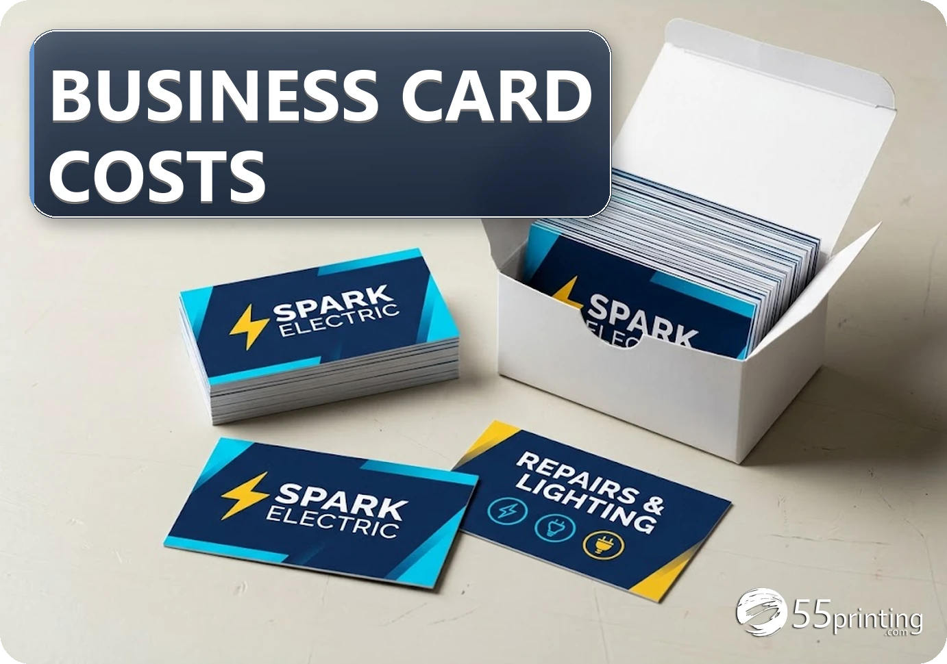 Spark Electric business cards in a small stack and a larger card box, showing a bold full-color electrician design