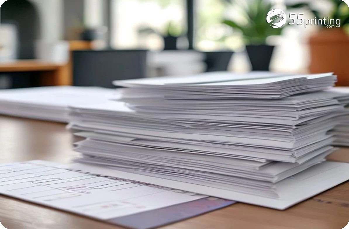 Stacks of color and black and white printed pages for office packets