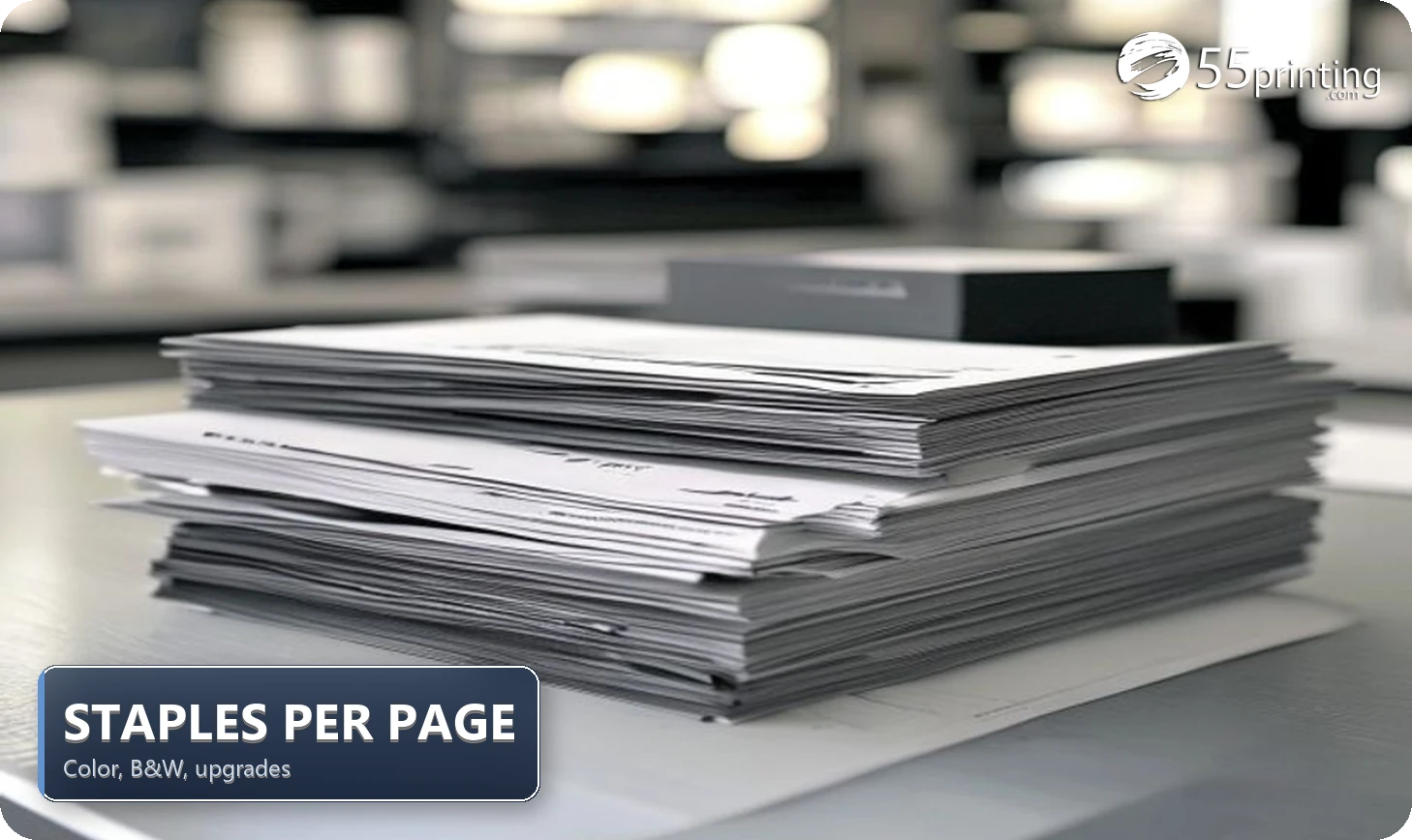 Printed color and black and white document pages beside a retail print counter