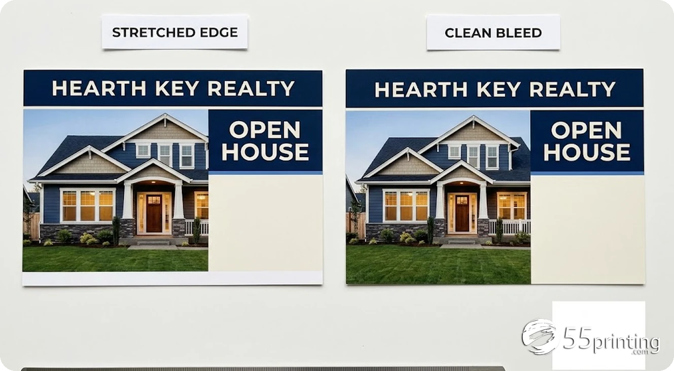 Two printed postcards compare a stretched edge with a clean full-bleed edge