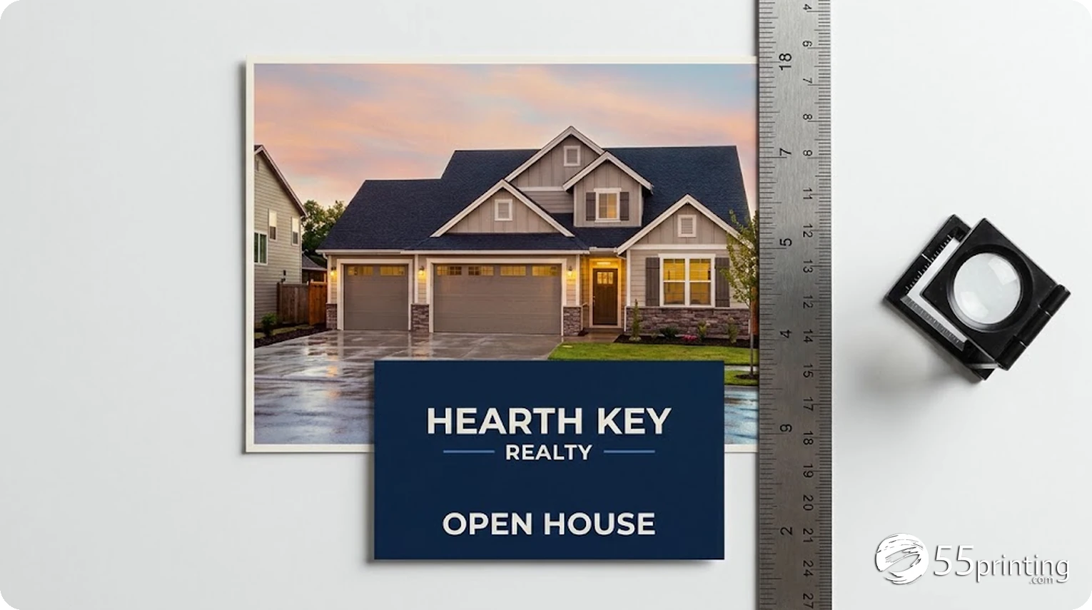 Printed Hearth Key Realty business card and postcard with a ruler showing the bleed margin