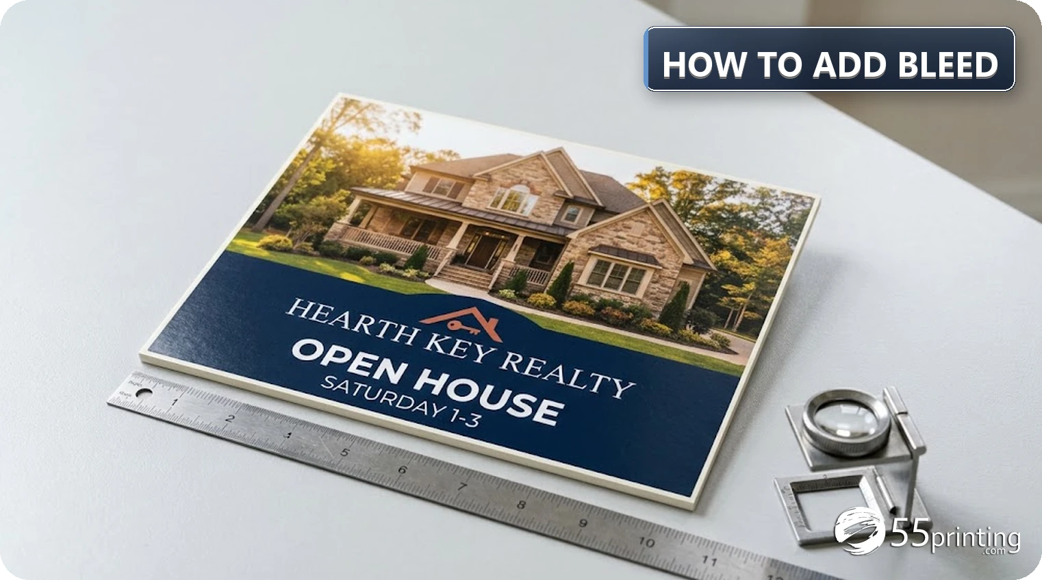 A printed full-bleed flyer checked against a template with the background extended past the trim