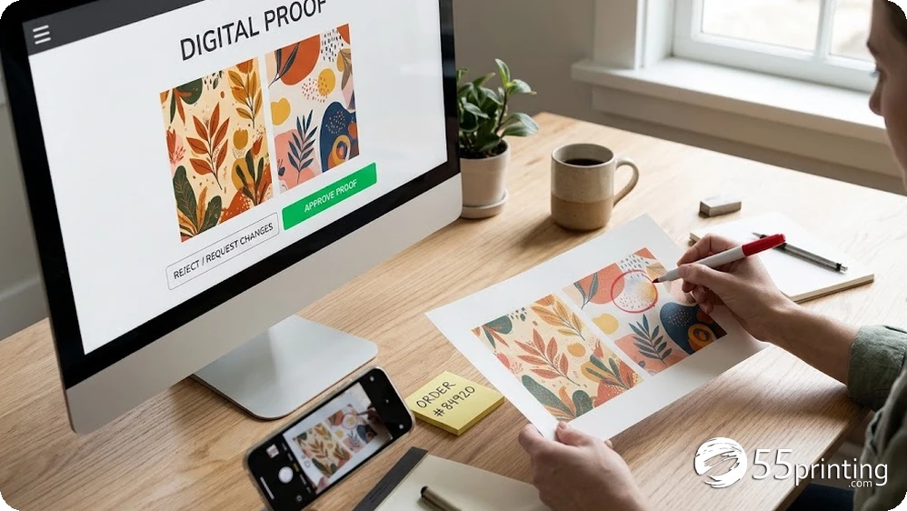 Customer comparing a delivered flyer against its approved proof on screen while photographing the defect