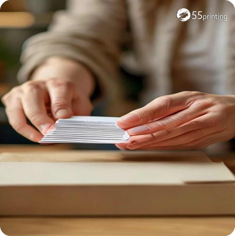 Person inspecting freshly delivered business cards from an online printing order