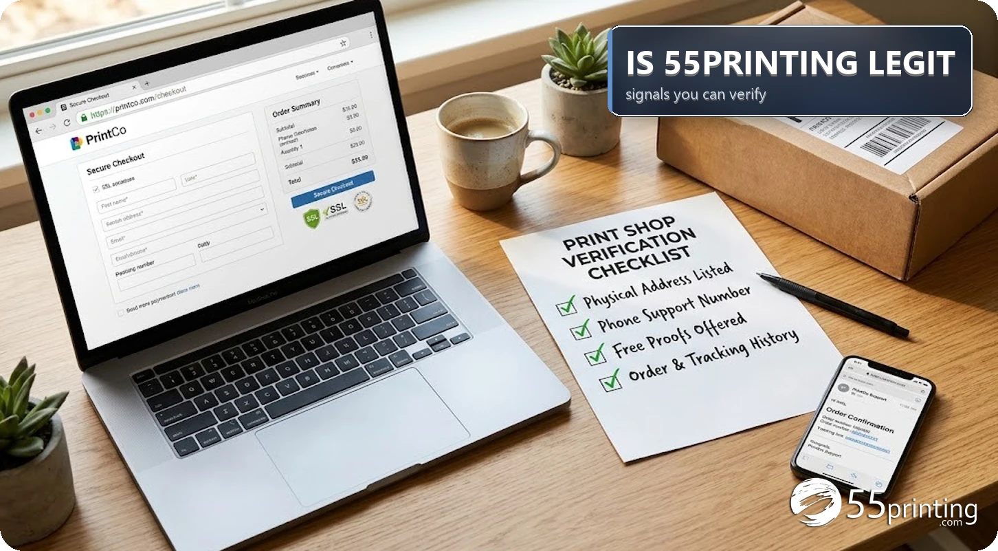 Laptop with secure checkout beside a printed verification checklist, delivered mailer box, and order confirmation email on a phone