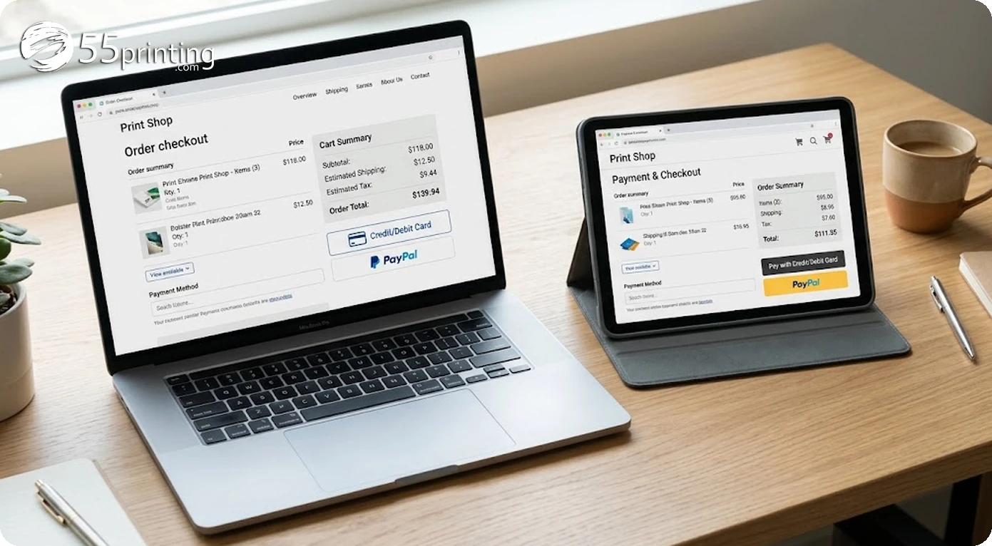 Checkout payment screen showing order summary lines and payment buttons with a credit card beside the laptop