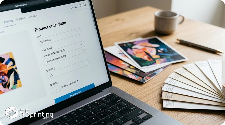 Laptop order form with size, stock, and quantity selectors beside printed samples and a paper swatch fan