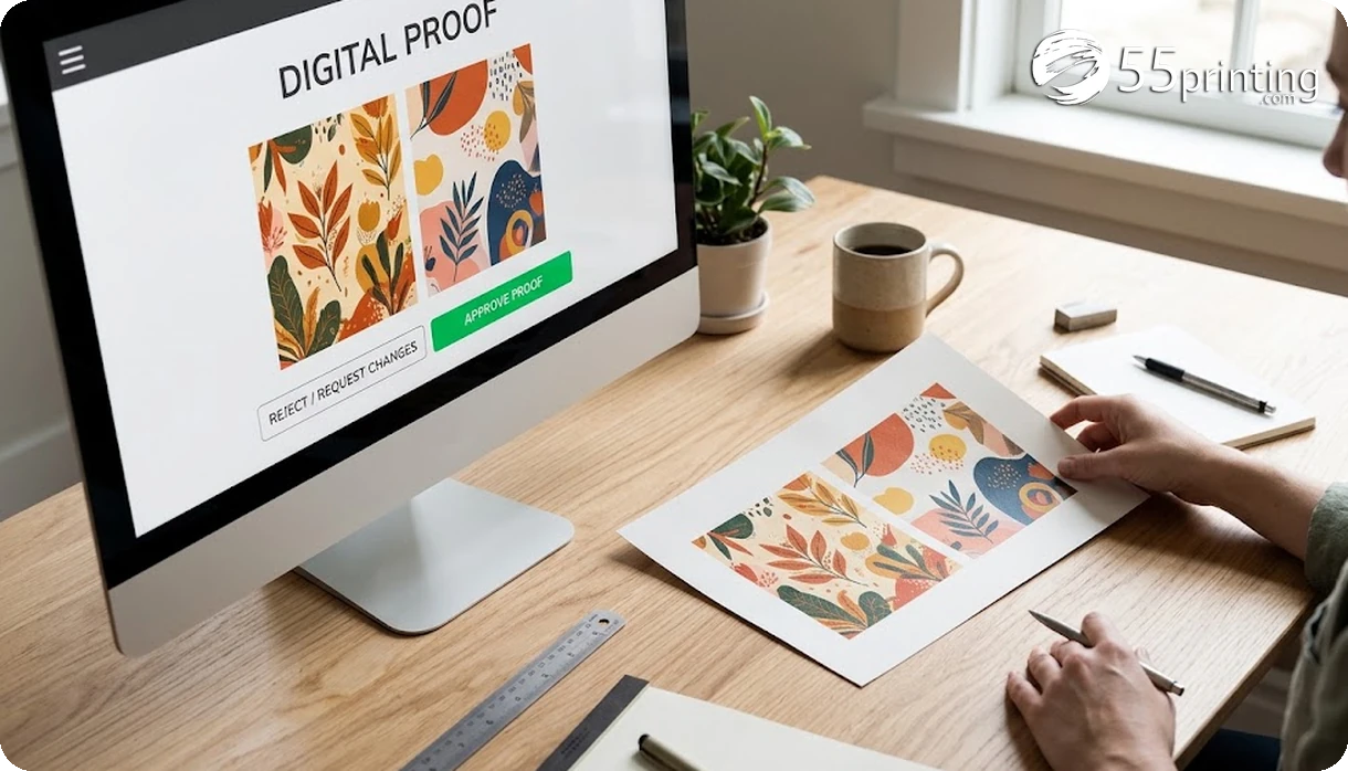 Person comparing a printed proof sheet against the digital proof shown on a monitor