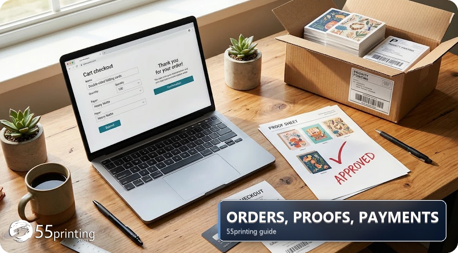 Laptop with print order form beside an approved proof sheet, credit card, receipt, and a box of printed greeting cards