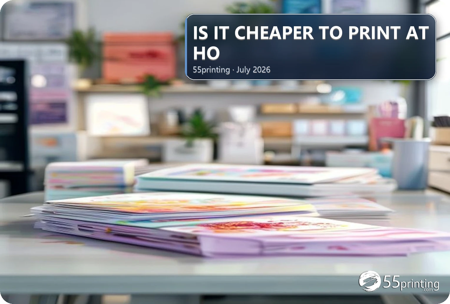 Home desk printer beside a stack of professionally printed color pages