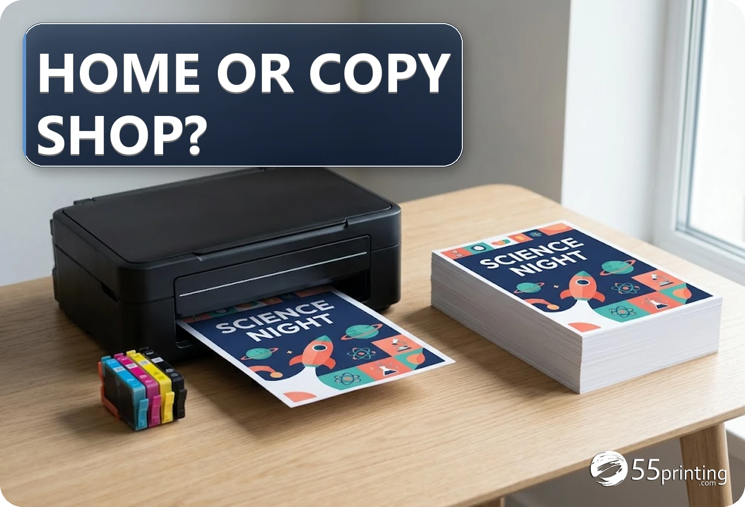 Home or Staples printing: school event handouts beside a home printer and a professional packet stack