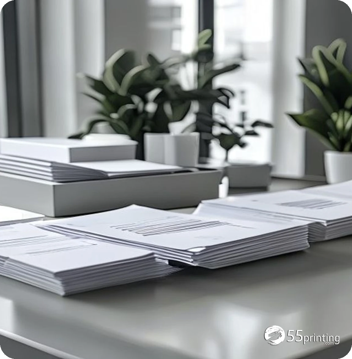 Office desk with branded color cover sheets and black and white invoice packets