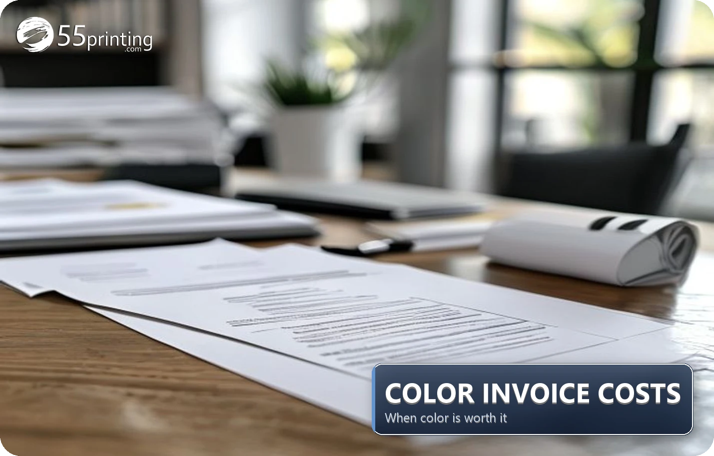 Printed color invoice pages stacked beside black and white accounting documents