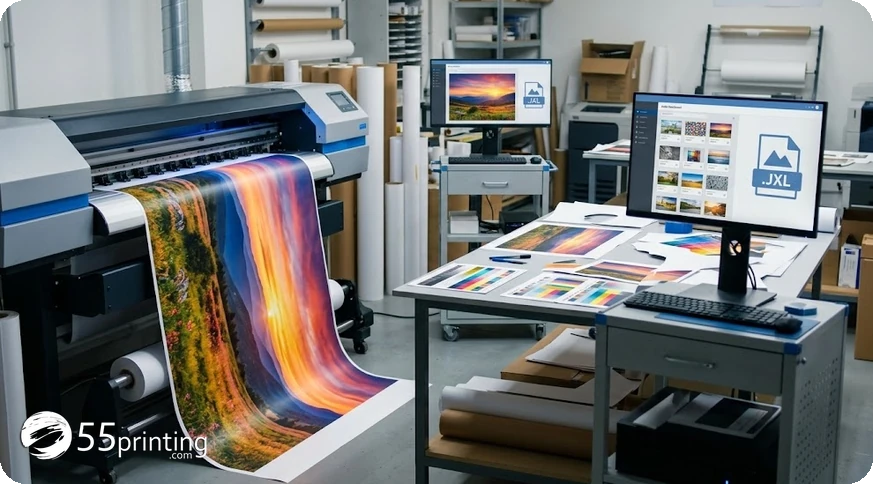 Large format press printing a vivid photo poster with a.JXL file shown on the order monitor
