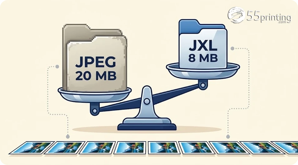 Balance scale comparing a heavy JPEG 20 MB file box against a lighter JXL 8 MB box with identical print quality