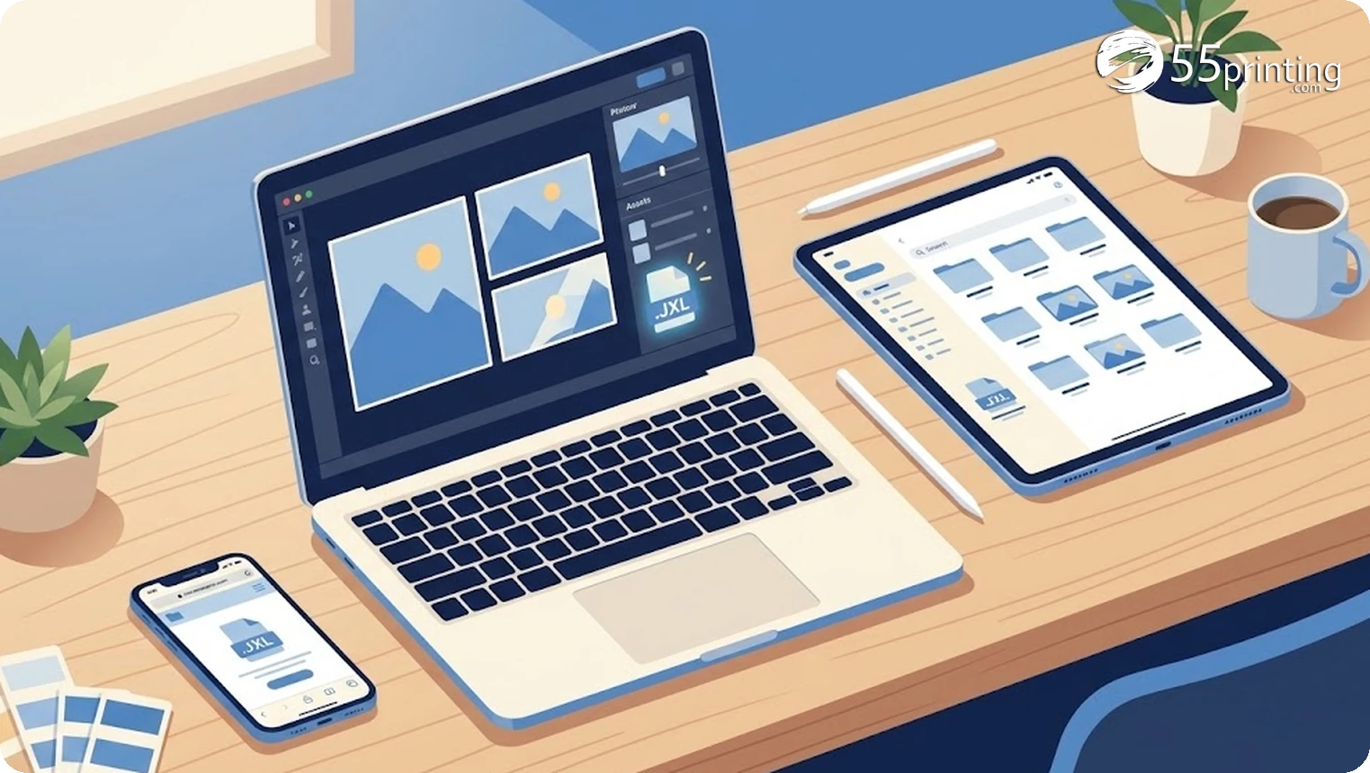 Laptop, tablet, and phone screens showing.JXL file icons to illustrate JPEG XL app and OS support