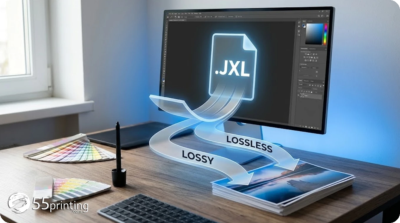 Illustration of a.JXL image file splitting into lossy and lossless compression paths over printed photos