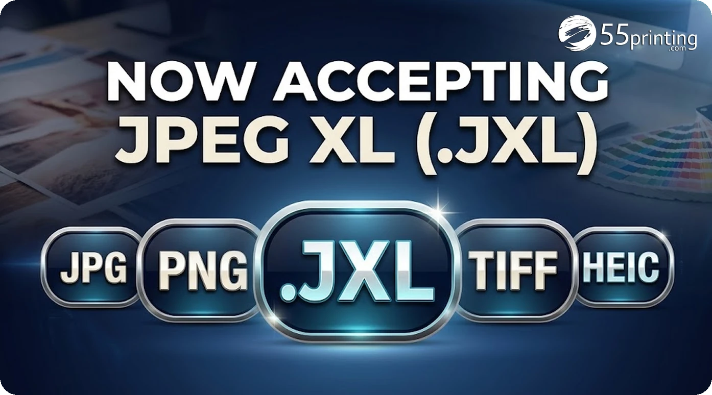 Announcement banner showing image file format badges with a highlighted.JXL badge for JPEG XL file upload support at 55printing