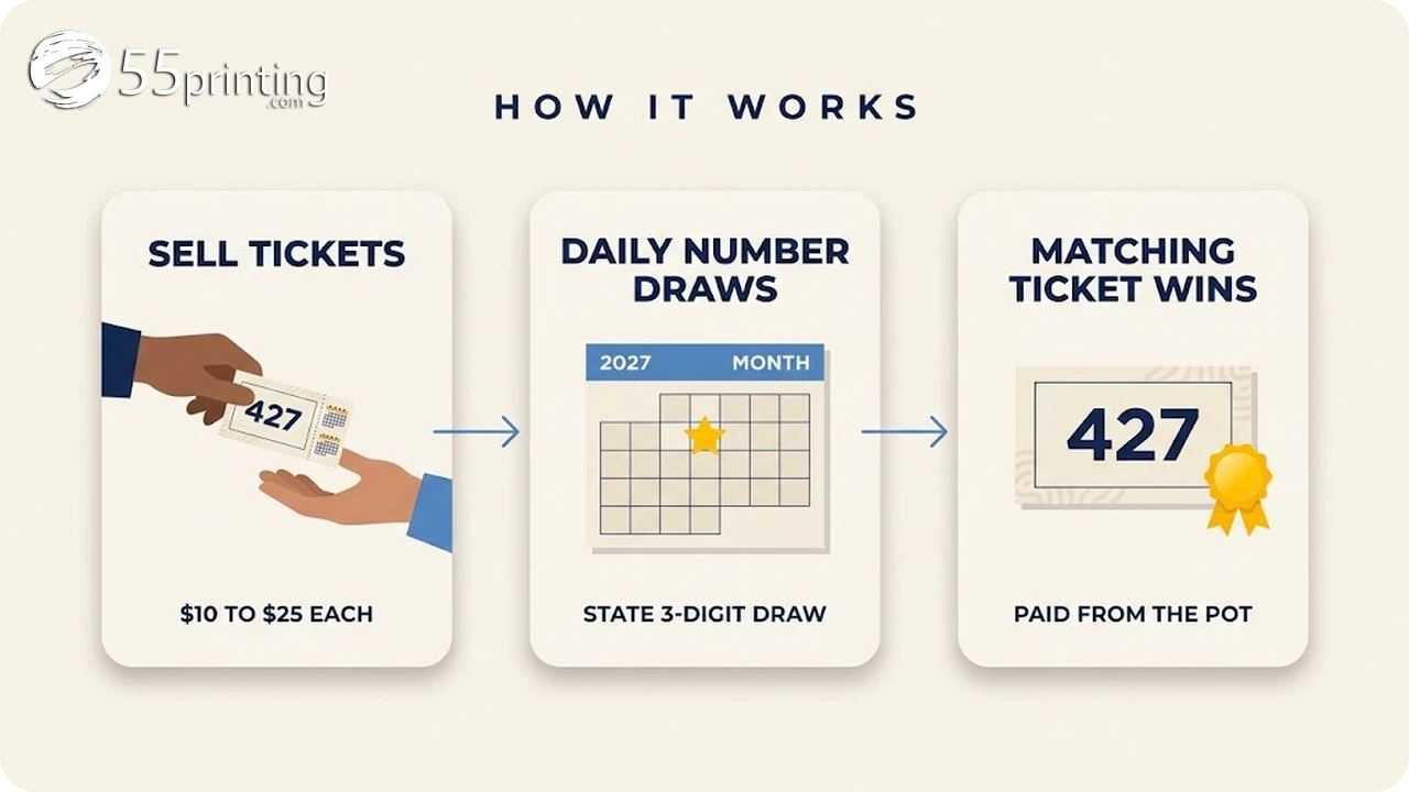 Three-step infographic explaining how a lottery calendar fundraiser works