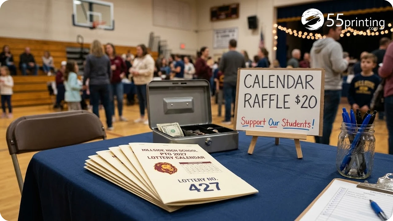 Fundraiser table at a school gym with printed lottery calendar tickets and a cash box