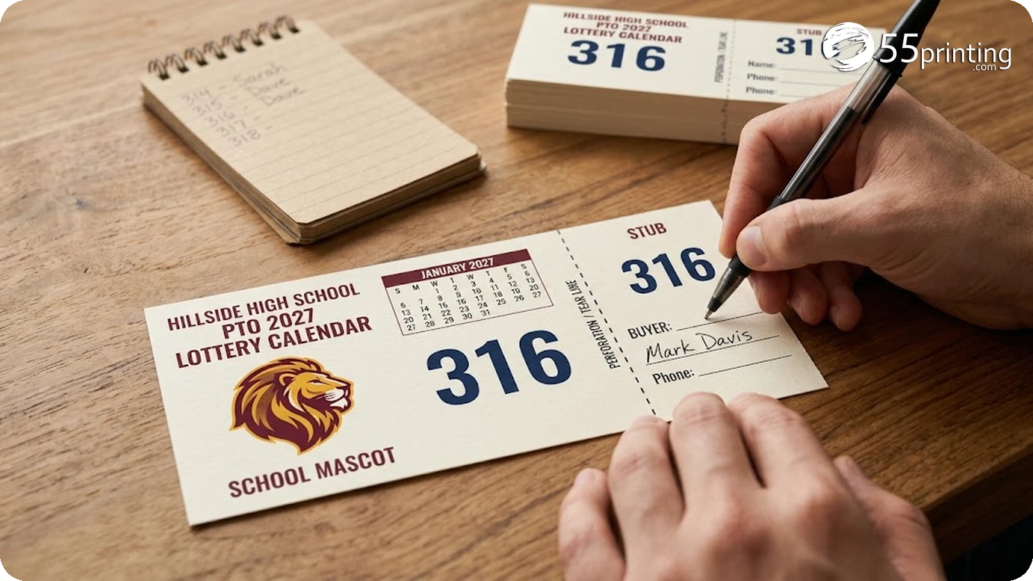 Hands writing a buyer name on the stub of a numbered lottery calendar raffle ticket