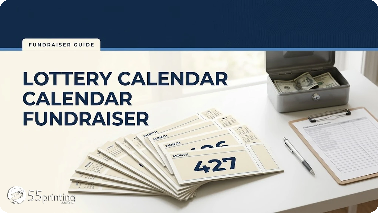 Printed lottery calendar fundraiser tickets with three-digit numbers fanned on a desk beside a cash box