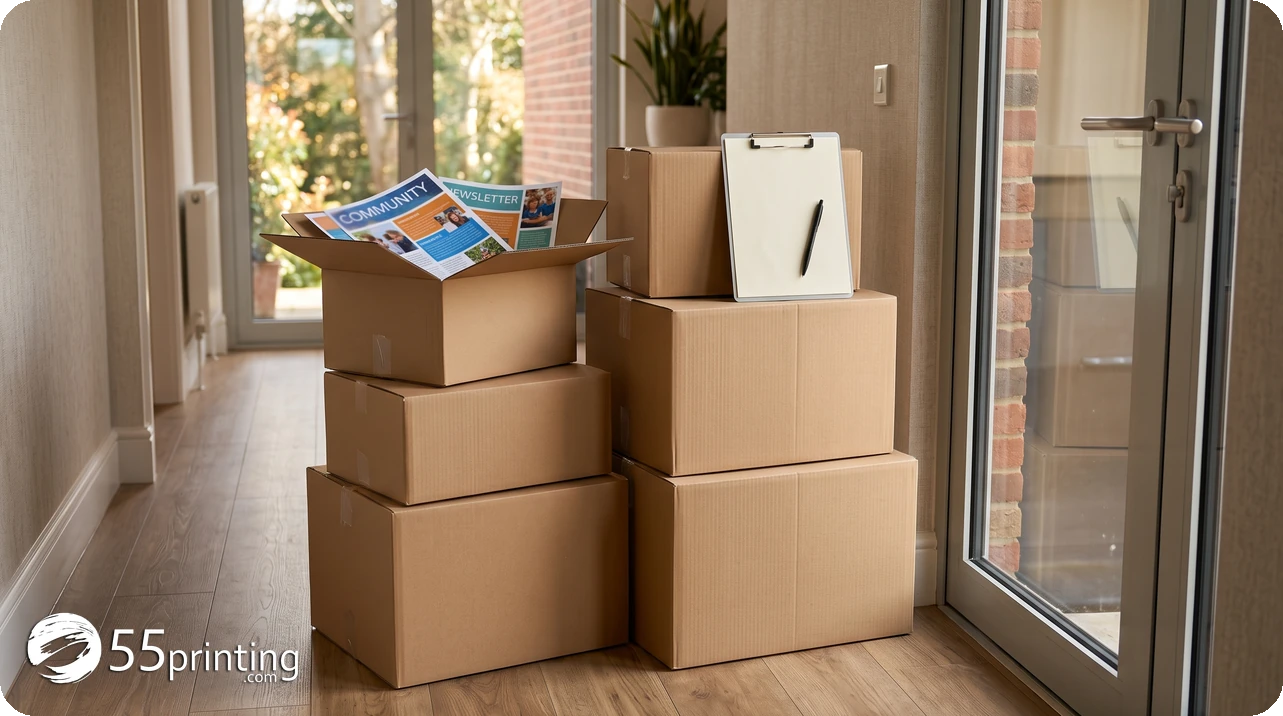 Cardboard boxes of bundled color printed pages stacked by a door ready for pickup