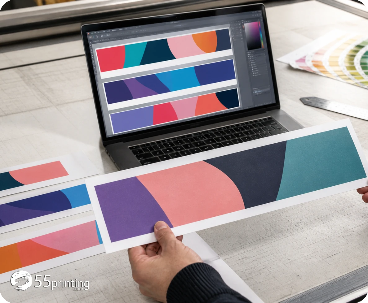 A banner stand layout prioritizes headline, logo, image, and CTA inside the safe area