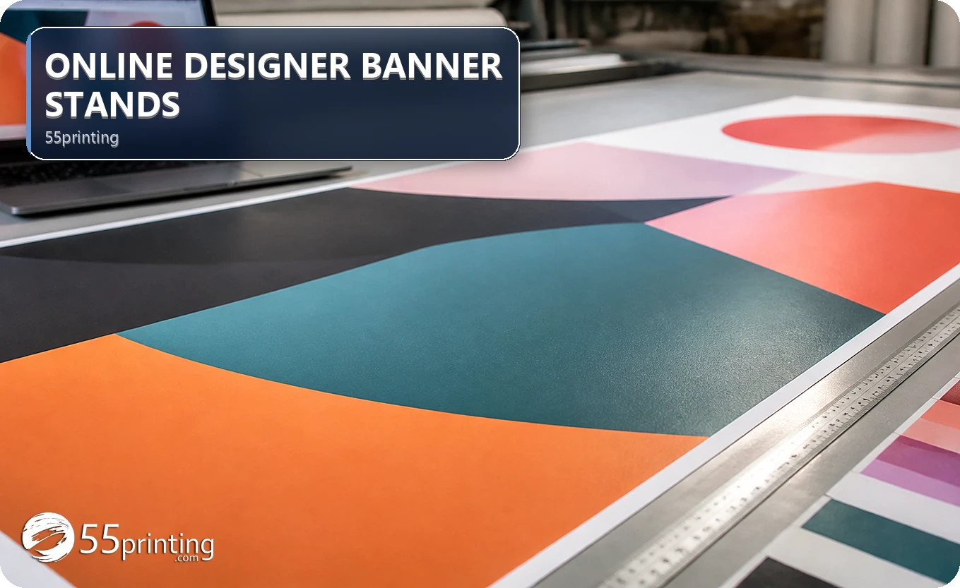 A tall banner stand design is checked for ratio, headline scale, safe zone, and viewing context