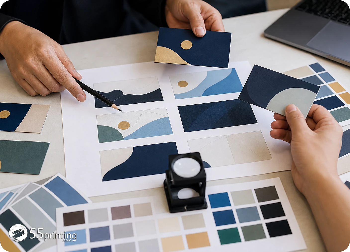 A business-card canvas is checked for product size, bleed, safe zone, and exact contact details