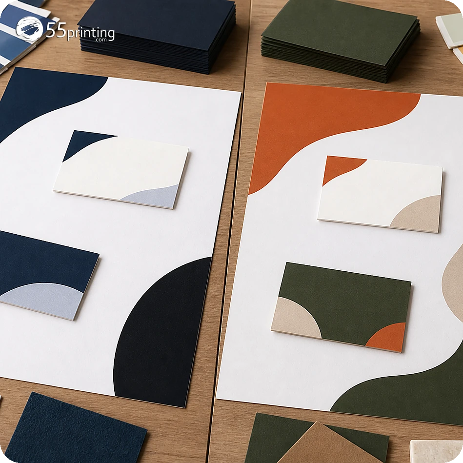 A business-card preview is reviewed for logo scale, contact copy, crop, contrast, and safe placement