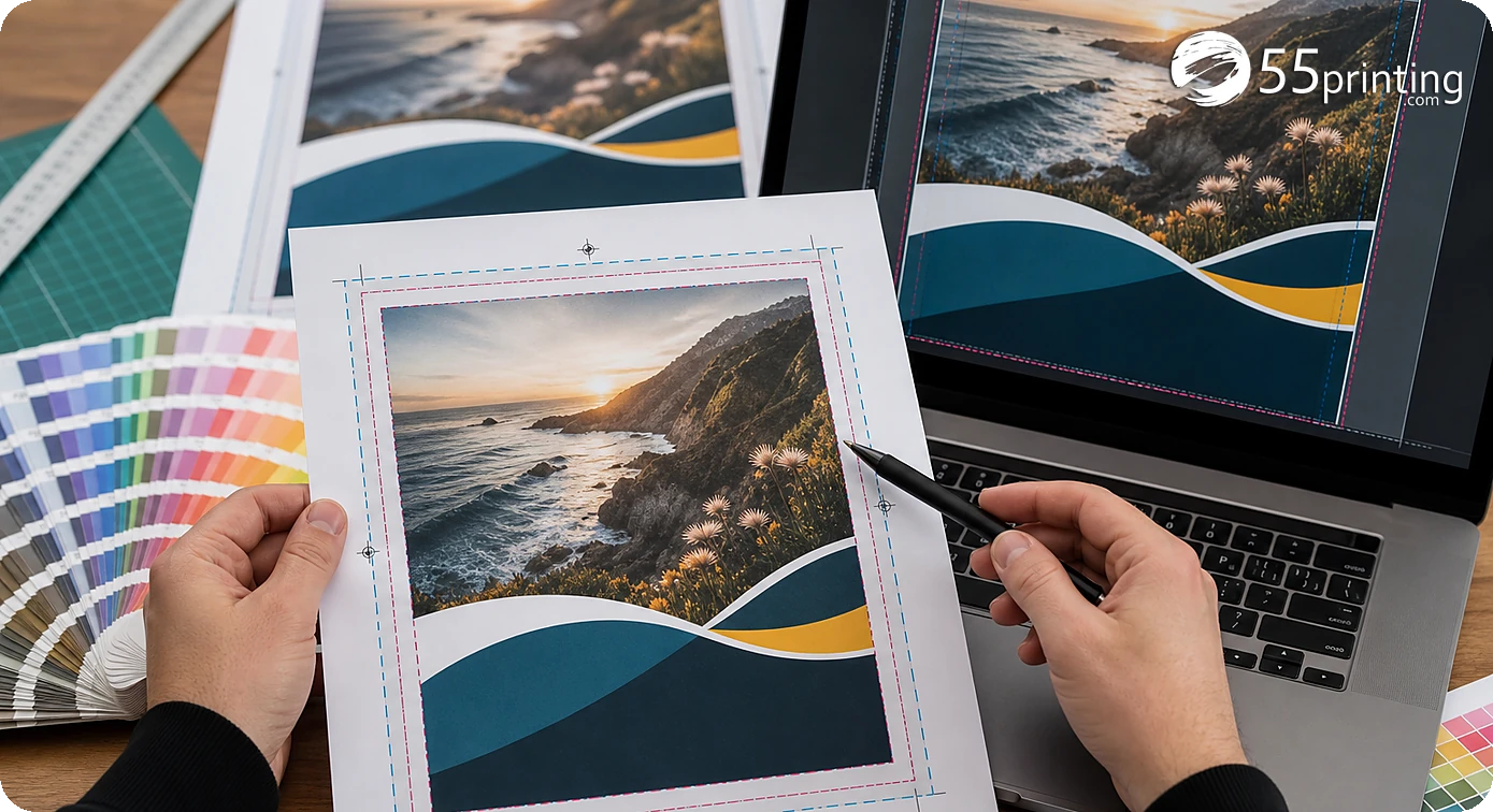 A flyer layout separates safe content margins from background bleed and trim