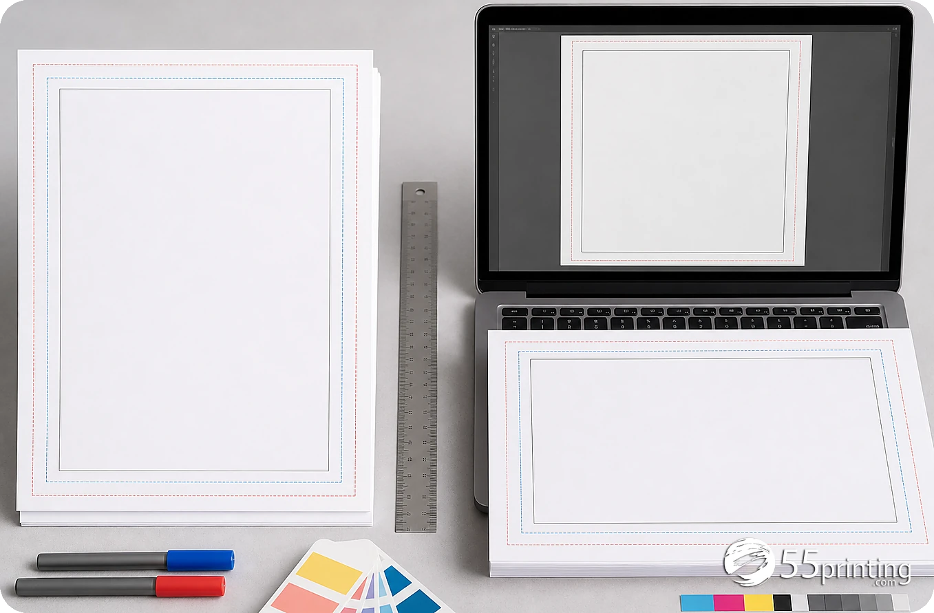 A flyer proof is reviewed for safe margins, crop, hierarchy, QR placement, and exact copy