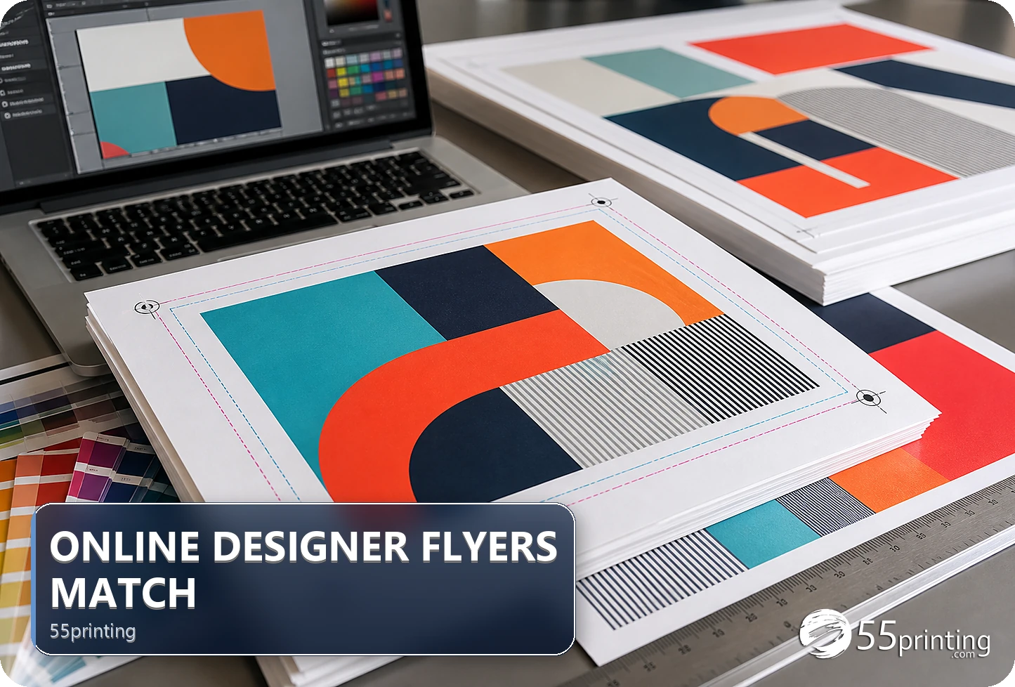 A flyer design is checked for safe margins, bleed, headline space, and product canvas