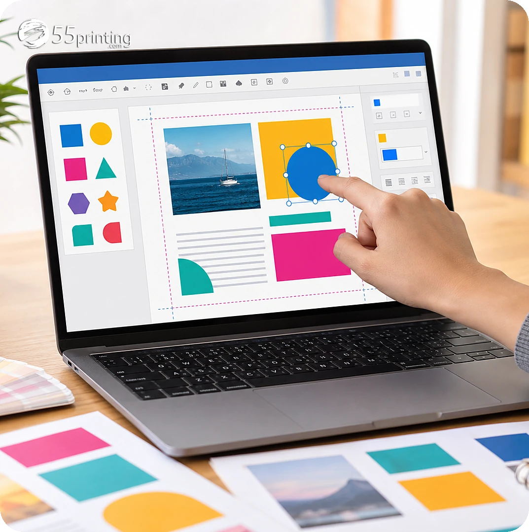 Browser designer canvas with a selected colorful layout inside visible safe-margin guides