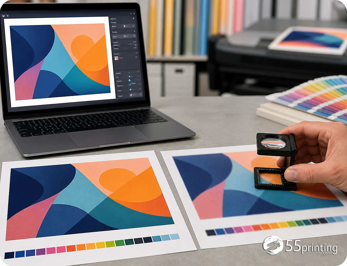 Browser designer canvas compared with a printed proof for margins and object placement