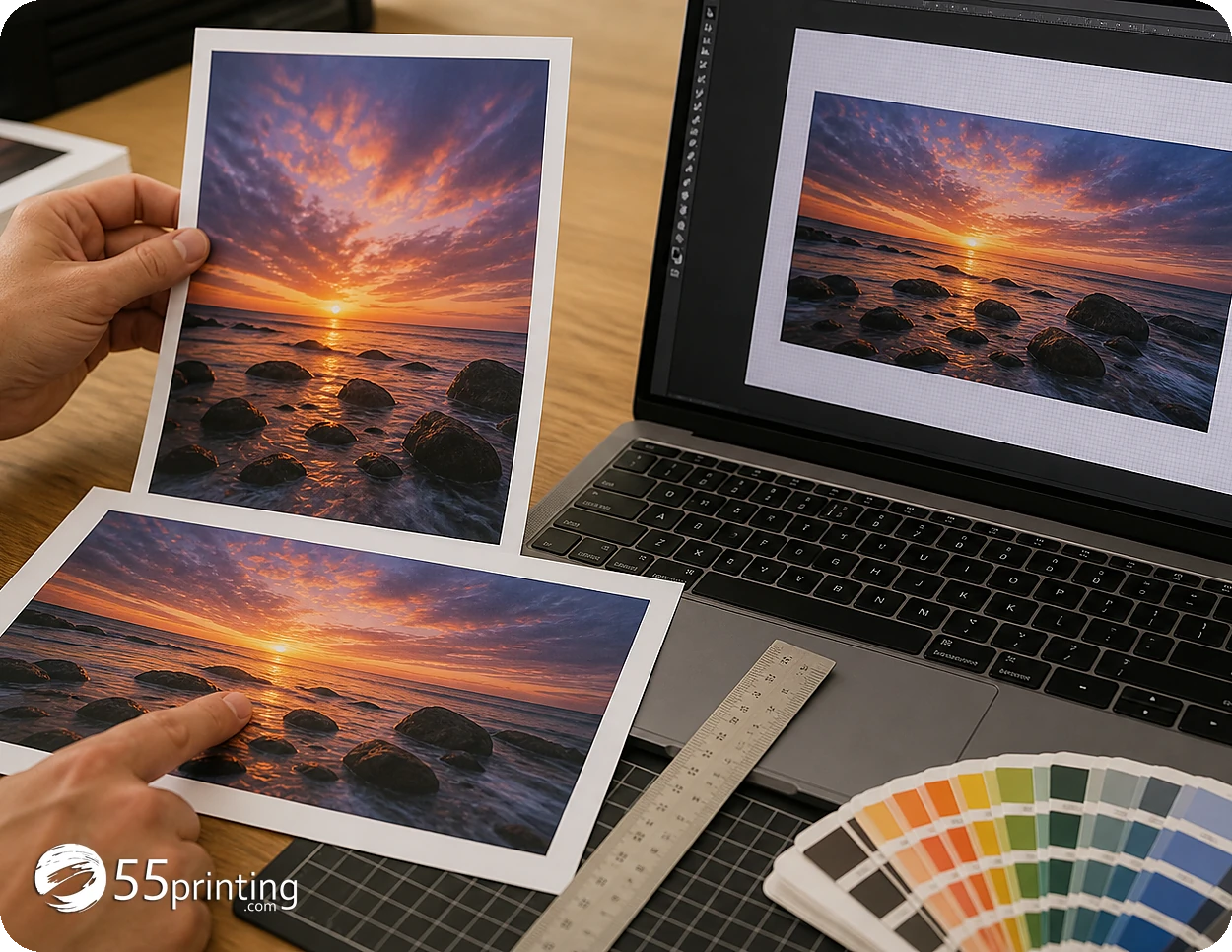 A print layout is compared across card and postcard canvases for hierarchy and safe margins