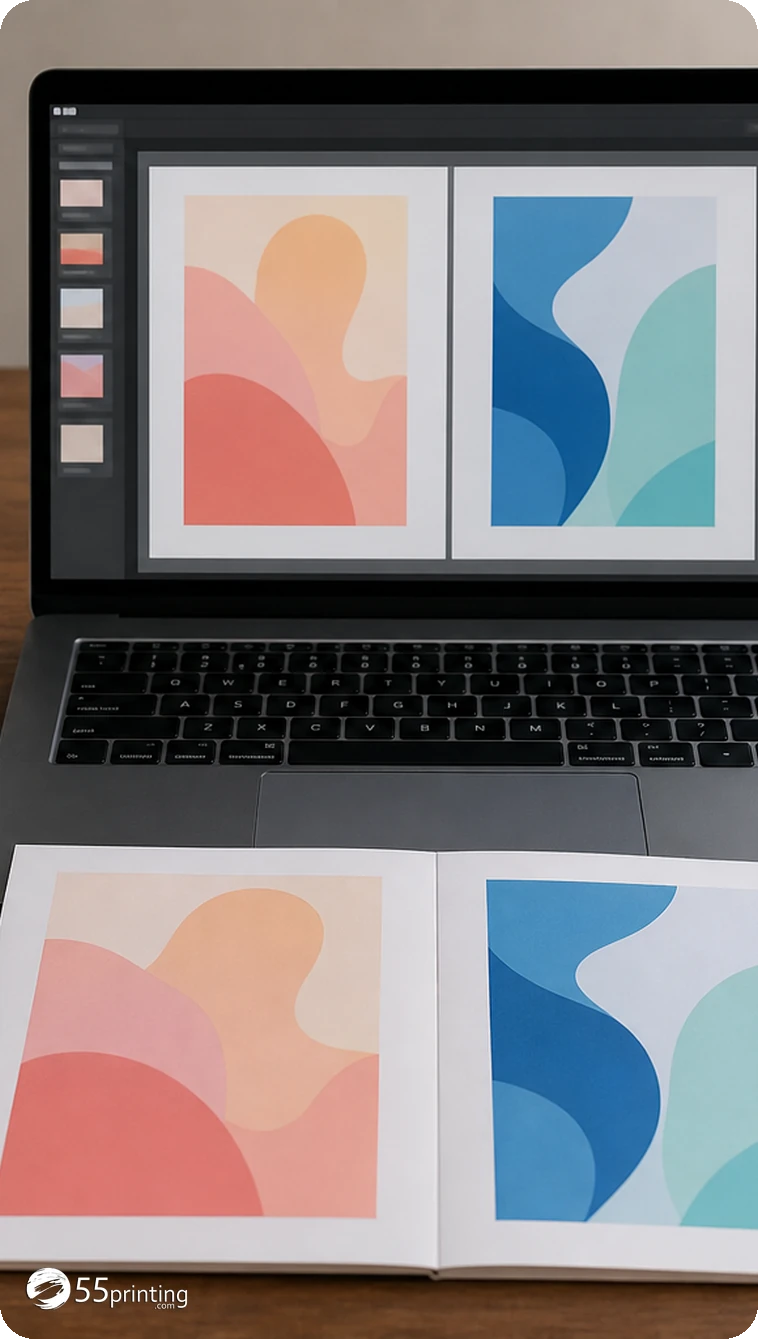 A reopened designer preview is compared with the source for image crop, text, and canvas