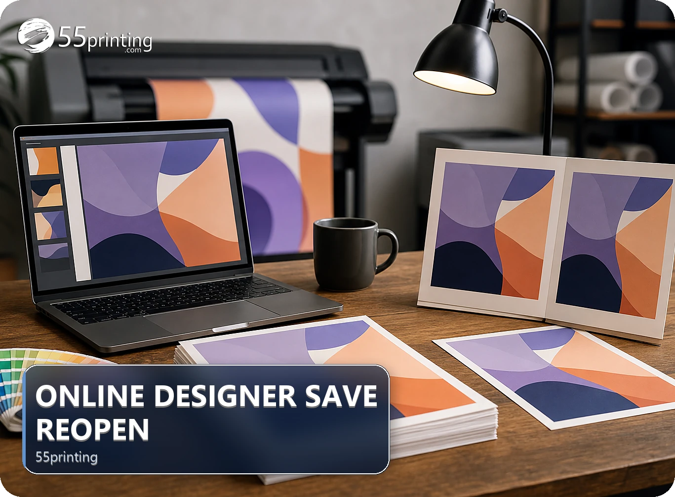 A saved online print design is reopened and checked before handoff