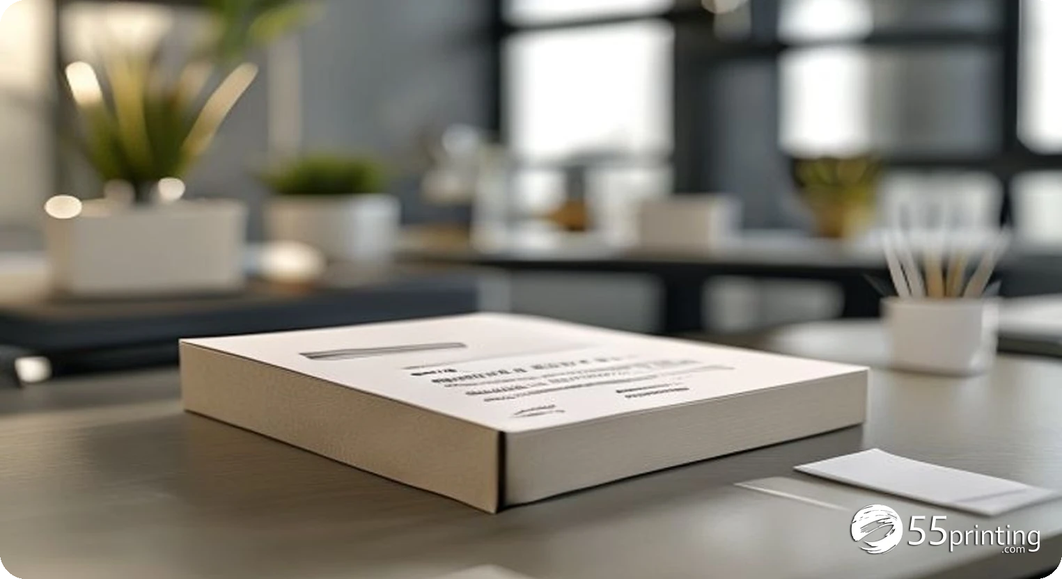 Printed business cards and payment card beside a shipping package on a desk
