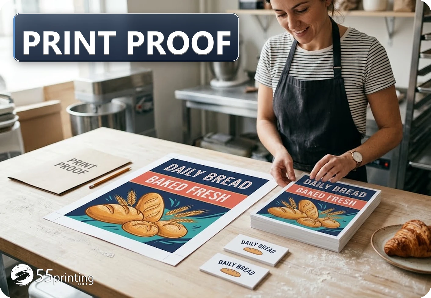 Daily Bread bakery flyers and business cards beside a print-proof folder ready for order-detail review