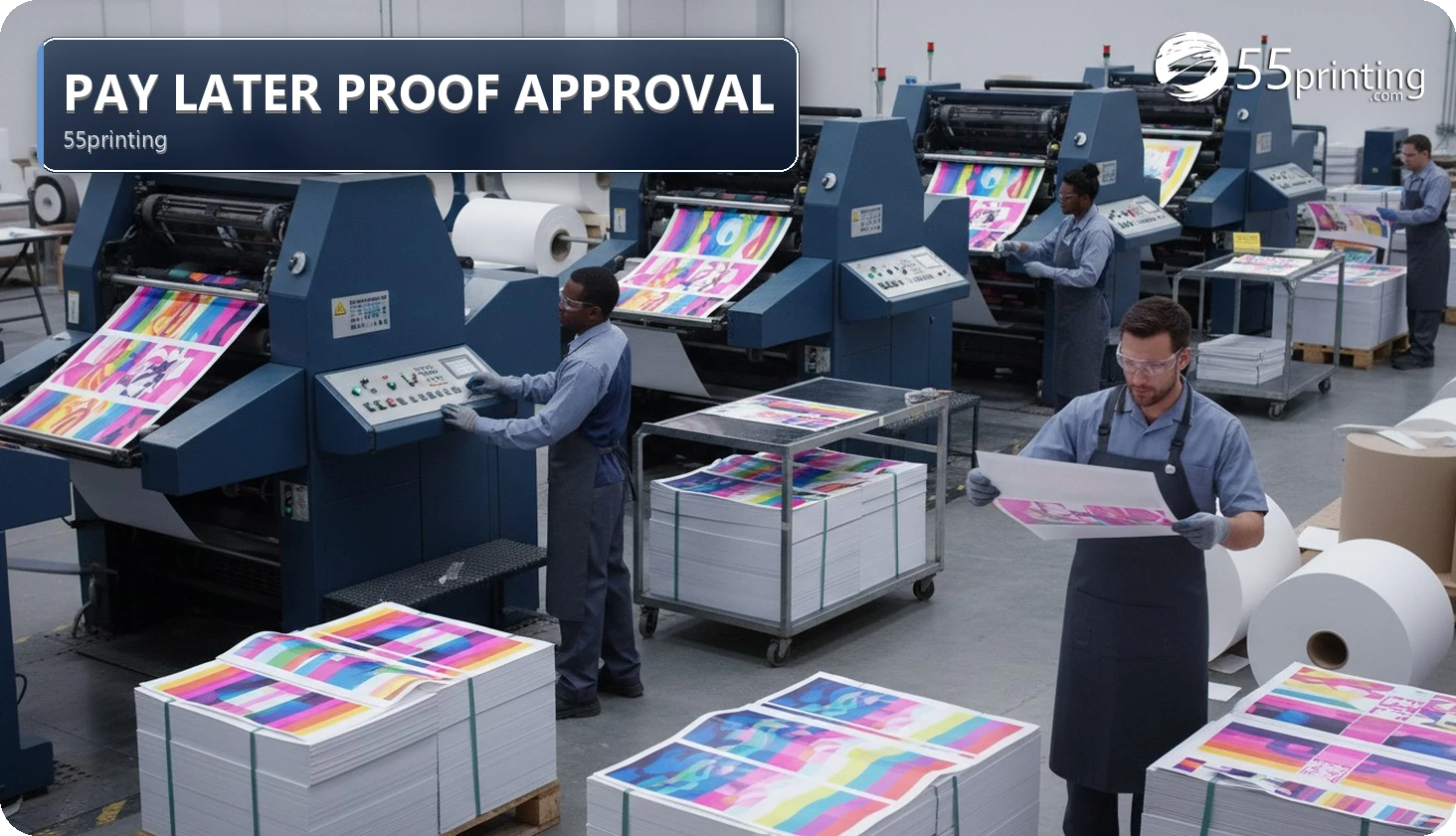 A customer and print specialist review a PDF proof before the balance-payment step