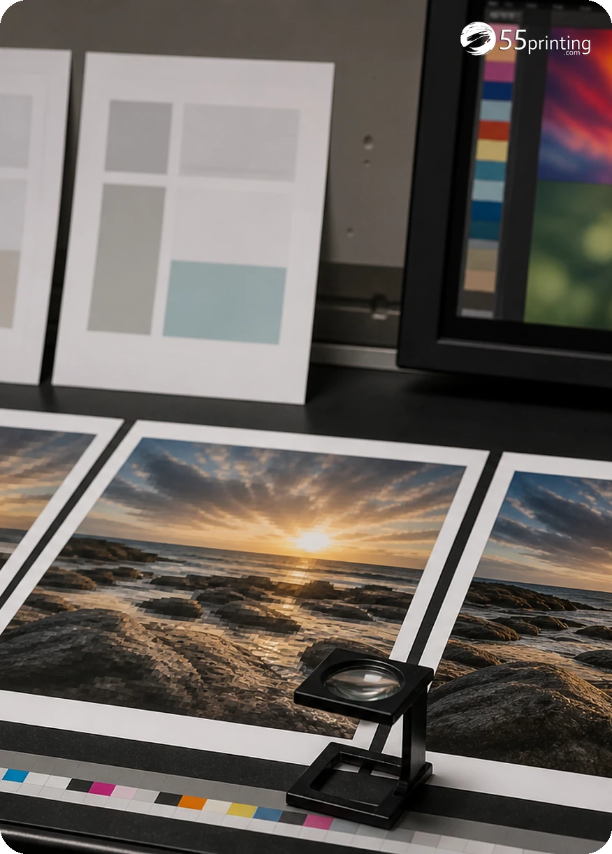 An exported JPG is inspected for readable type, thin rules, logo edges, and crop