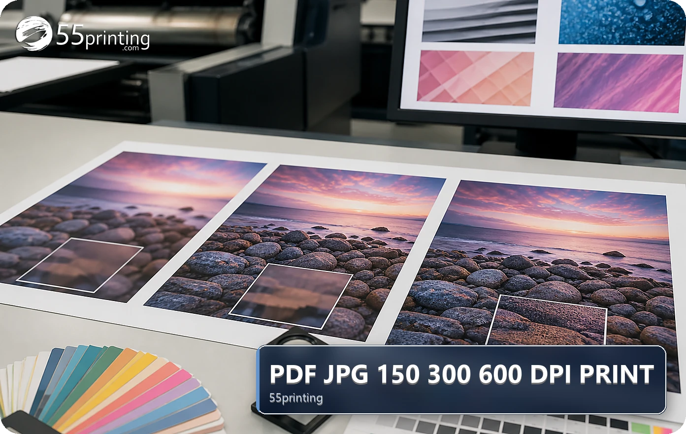 A PDF export checklist compares page size, DPI, and small print details