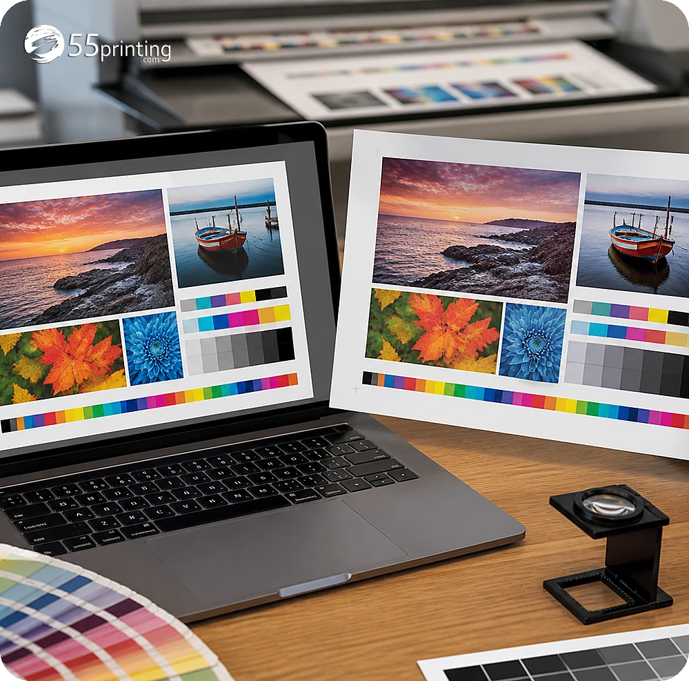 Laptop page preview compared with a printed JPG proof and color bars
