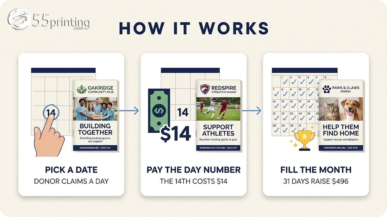 Three-step infographic explaining how a pick a date calendar fundraiser works