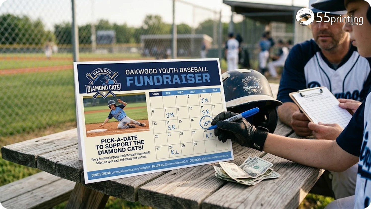 Baseball team member circling a date on a printed pick a date fundraiser calendar at a ballpark picnic table